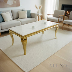 Lorens 130cm Gold Coffee Table – White Marble Top with Curved Gold Legs, Modern Living Room Centrepiece