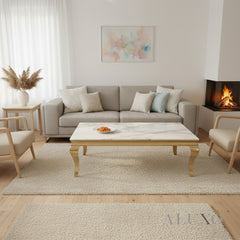 Lorens 130cm Gold Coffee Table – White Marble Top with Curved Gold Legs, Modern Living Room Centrepiece