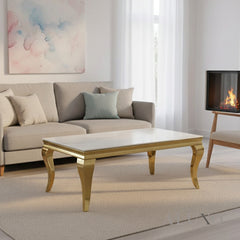 Lorens 130cm Gold Coffee Table – White Marble Top with Curved Gold Legs, Modern Living Room Centrepiece