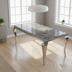 Lorens 1.5m Light Grey Marble Dining Set – Table with 4/6 Oskar Button Back Velvet Chairs