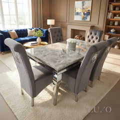 Lorens 1.5m Light Grey Marble Dining Table with 4/6 Einar Grey Velvet Chairs