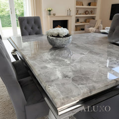 Lorens 1.5m Light Grey Marble Dining Table with 4/6 Einar Grey Velvet Chairs
