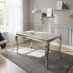 Lorens 150cm Marble Dining Table with Chrome 4-Leg Base – White | Light Grey | Cream