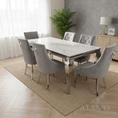Lorens 1.5m White Marble Dining Table with 4/6 Bentley Velvet Chairs