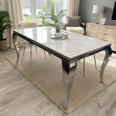 Lorens 1.5m Rectangular Chrome Dining Set - White Marble Table with 4/6 Black Velvet Chairs