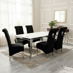 Lorens 1.5m White Marble Dining Table with 4/6 Einar Black Velvet Chairs