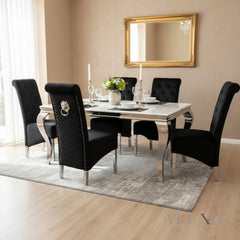 Lorens 1.5m White Marble Dining Table with 4/6 Einar Black Velvet Chairs