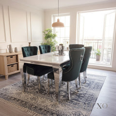 Lorens 1.5m Rectangular Chrome Dining Set - White Marble Table with 4/6 Black Velvet Chairs