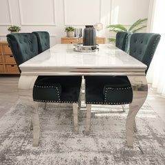 Lorens 1.5m Rectangular Chrome Dining Set - White Marble Table with 4/6 Black Velvet Chairs