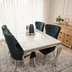 Lorens 1.5m Rectangular Chrome Dining Set - White Marble Table with 4/6 Black Velvet Chairs