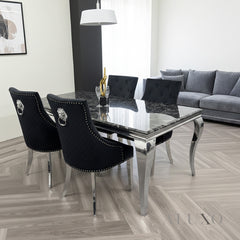 Lorens 1.8m Chrome Dining Set – Black Marble Table with 4/6/8 Bentley Velvet Chairs