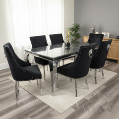 Lorens 1.8m Chrome Dining Set – Black Marble Table with 4/6/8 Bentley Velvet Chairs