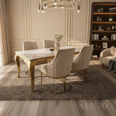 Lorens Gold 180cm Marble Dining Table with 4-Leg Base – White | Light Grey | Cream | Black&Gold