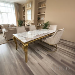 Lorens Gold 1.8m Cream Marble Dining Table with 4/6 Olivia Velvet Chairs
