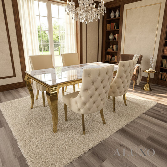 Lorens Gold 1.8m Cream Marble Dining Table with 4/6 Oskar Velvet Chairs