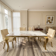 Lorens Gold 1.8m Cream Marble Dining Table with 4/6 Oskar Velvet Chairs