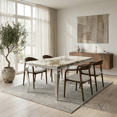 Lorens 1.8m Cream Marble Dining Set – Chrome Table with 4/6 Tess Walnut Bouclé Chairs