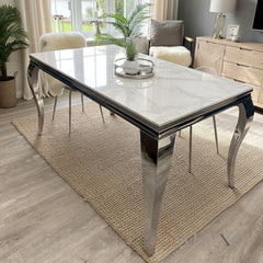 Lorens 150cm Marble Dining Table with Chrome 4-Leg Base – White, Grey, Cream
