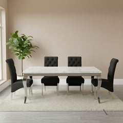 Lorens 1.8m White Marble Dining Table with 4/6/8 Einar Black Velvet Chairs