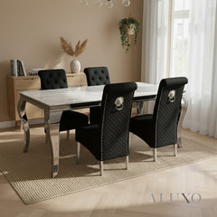 Lorens 1.8m White Marble Dining Table with 4/6/8 Einar Black Velvet Chairs