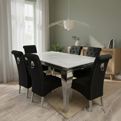 Lorens 1.8m White Marble Dining Table with 4/6/8 Einar Black Velvet Chairs