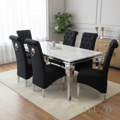 Lorens 1.8m White Marble Dining Table with 4/6/8 Black Einar Velvet Chairs
