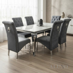 Lorens 1.8m White Marble Chrome Dining Set – Table with 4/6/8 Einar Dark Grey Velvet Chairs