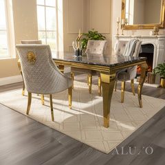 Lorens Gold 1.8m Dining Set โ Black Marble Table with 4/6/8 Henrik Beige Velvet Chairs