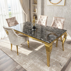 Lorens Gold 1.8m Dining Set โ Black Marble Table with 4/6/8 Henrik Beige Velvet Chairs