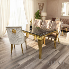 Lorens Gold 1.8m Dining Set โ Black Marble Table with 4/6/8 Henrik Beige Velvet Chairs