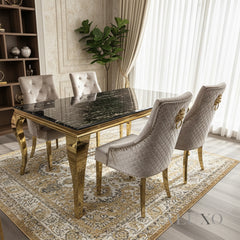 Lorens Gold 1.8m Dining Set – Black & Gold Marble Table with 4/6/8 Henrik Beige Velvet Chairs