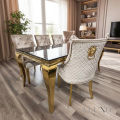 Lorens Gold 1.8m Dining Set – Black & Gold Marble Table with 4/6/8 Henrik Beige Velvet Chairs