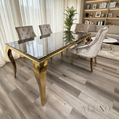 Lorens Gold 1.8m Dining Set – Black & Gold Marble Table with 4/6/8 Henrik Beige Velvet Chairs