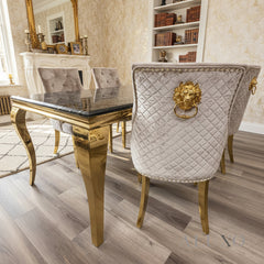 Lorens Gold 1.8m Dining Set – Black & Gold Marble Table with 4/6/8 Henrik Beige Velvet Chairs