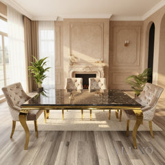 Lorens Gold 1.8m Dining Set – Black & Gold Marble Table with 4/6/8 Henrik Beige Velvet Chairs