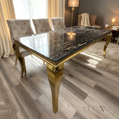 Lorens Gold 1.8m Dining Set – Black & Gold Marble Table with 4/6/8 Henrik Beige Velvet Chairs