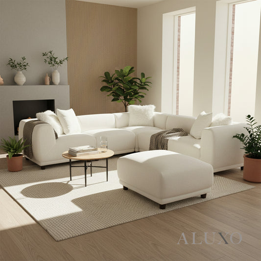 ALUXO® Lottie Modular Corner Sofa with Footstool – Polar White Bouclé