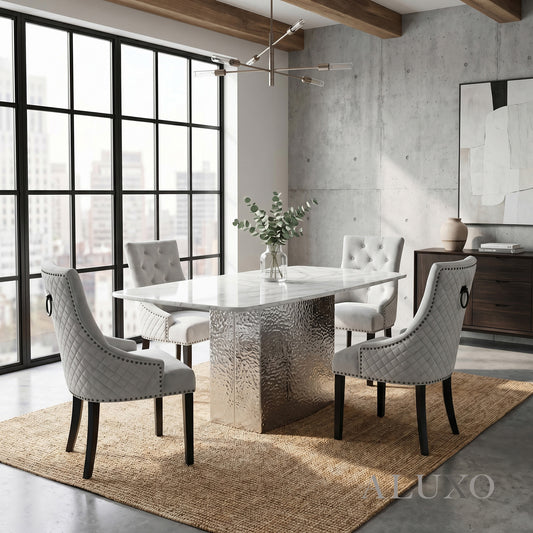 Lucca 1.6m Slimline White Marble Dining Table with 4/6 Gunnar Light Grey Velvet Chairs