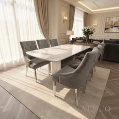 Lucca 1.8m Slimline White Marble Dining Table with 4/6/8 Bentley Grey Velvet Chairs