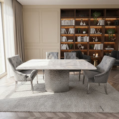 Lucca 1.8m Slimline White Marble Dining Table with 4/6/8 Bentley Grey Velvet Chairs