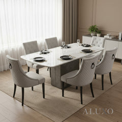 Lucca 1.8m Slimline White Marble Dining Table with 4/6/8 Gunnar Light Grey Velvet Chairs