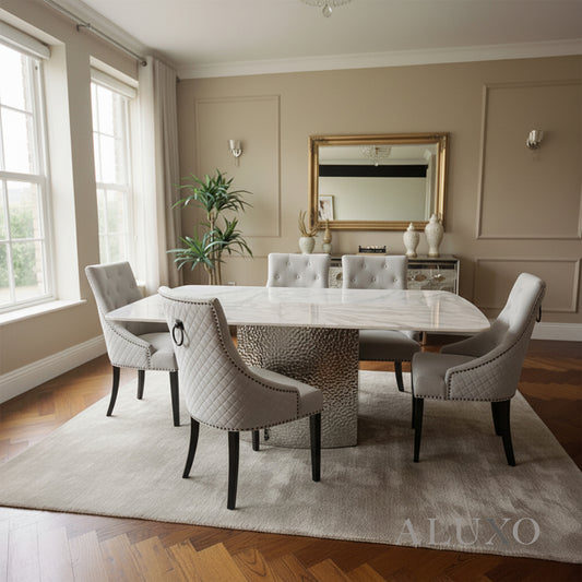 Lucca 1.8m Slimline White Marble Dining Table with 4/6/8 Gunnar Light Grey Velvet Chairs