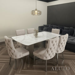 Lucca 1.8m Slimline White Marble Dining Table with 4/6/8 Oskar Beige Velvet Chairs
