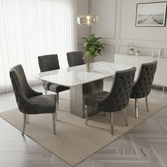 Lucca 1.8m Slimline White Marble Dining Table with 4/6/8 Oskar Dark Grey Velvet Chairs