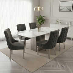 Lucca 1.8m Slimline White Marble Dining Table with 4/6/8 Oskar Dark Grey Velvet Chairs