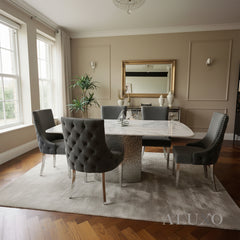Lucca 1.8m Slimline White Marble Dining Table with 4/6/8 Oskar Dark Grey Velvet Chairs