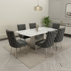 Lucca 1.8m Slimline White Marble Dining Table with 4/6/8 Oskar Dark Grey Velvet Chairs