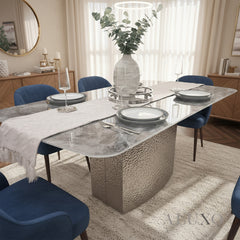 Lucca 160cm | 180cm Grey Marble Dining Table with Hammered Metal Block Base
