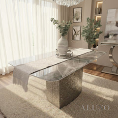Lucca 160cm | 180cm Grey Marble Dining Table with Hammered Metal Block Base