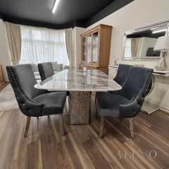 Lucca 160cm | 180cm Grey Marble Dining Table with Hammered Metal Block Base